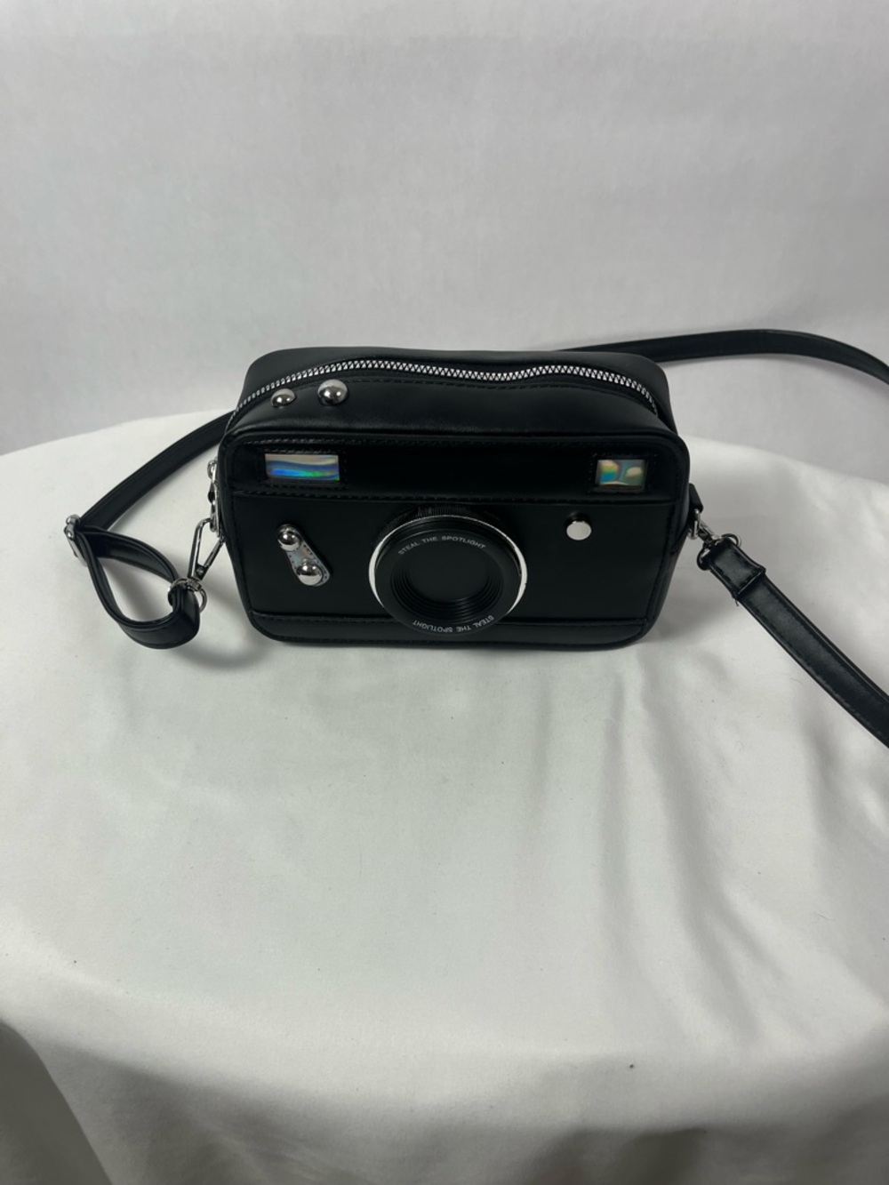 Black Camera-Inspired Crossbody Bag with Faux Lens Accent